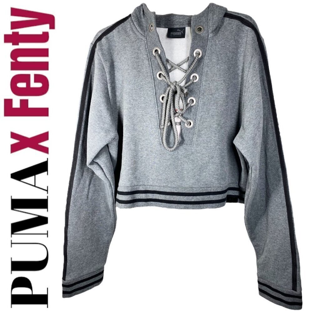 PUMA x FENTY Gray Cropped Oversized‎ Lace Up Rising Sun Hoodie, Size Small